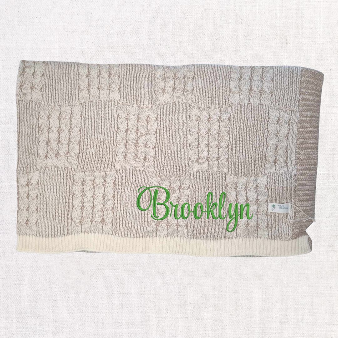 Coconut + Caramel Check Knit Blanket (Free Embroidery)