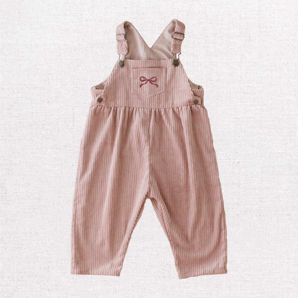 Blush Bow Embroidered Corduroy Overalls