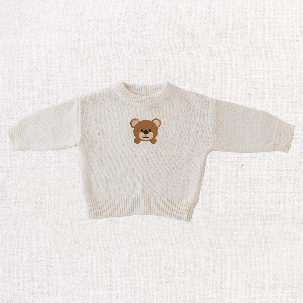 Coconut Textured Knit Jumper- Teddy Bear Embroidery