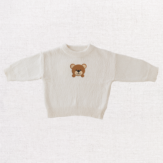 Coconut Textured Knit Jumper- Teddy Bear Embroidery