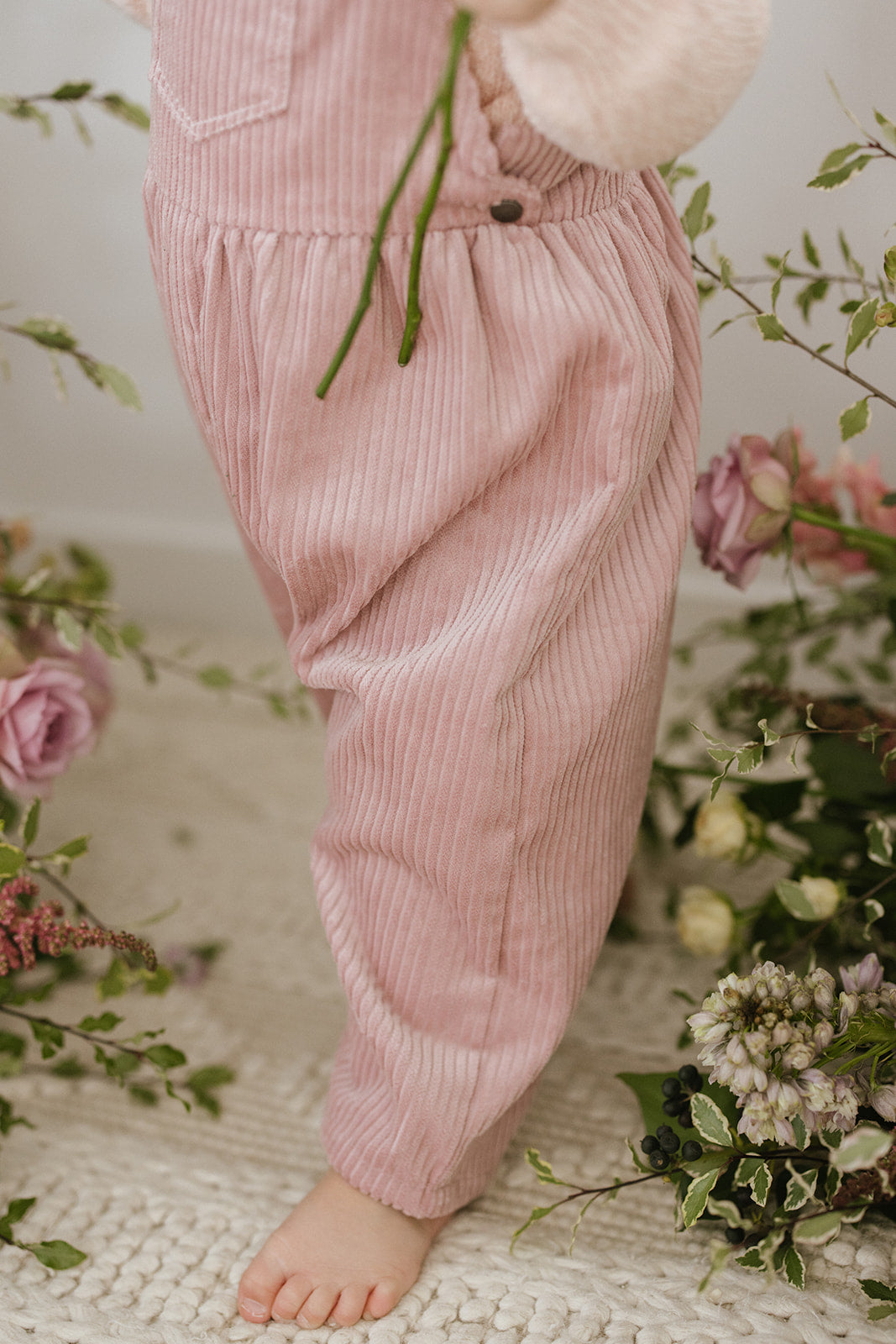 Blush Bow Embroidered Corduroy Overalls